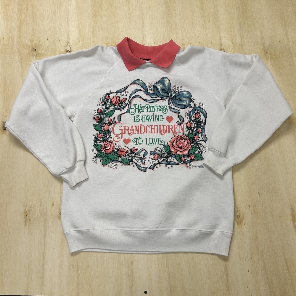 Vintage Design Point Womens Large White Grandma Grandchildren Floral Sweatshirt